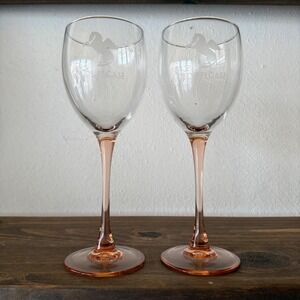 Clos Pegase Luminarc France Etched Wine Glass Pink Stem Pegasus Logo